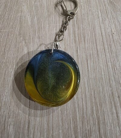Blue Green Gold Swirl Round Resin Keychain